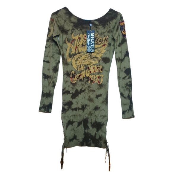 AFFLICTION Dress Astoria Sweater Mini Size XS Olive Green NEW NWT - Picture 1 of 13